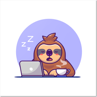 Sleepy Sloth With Laptop And Coffee Posters and Art